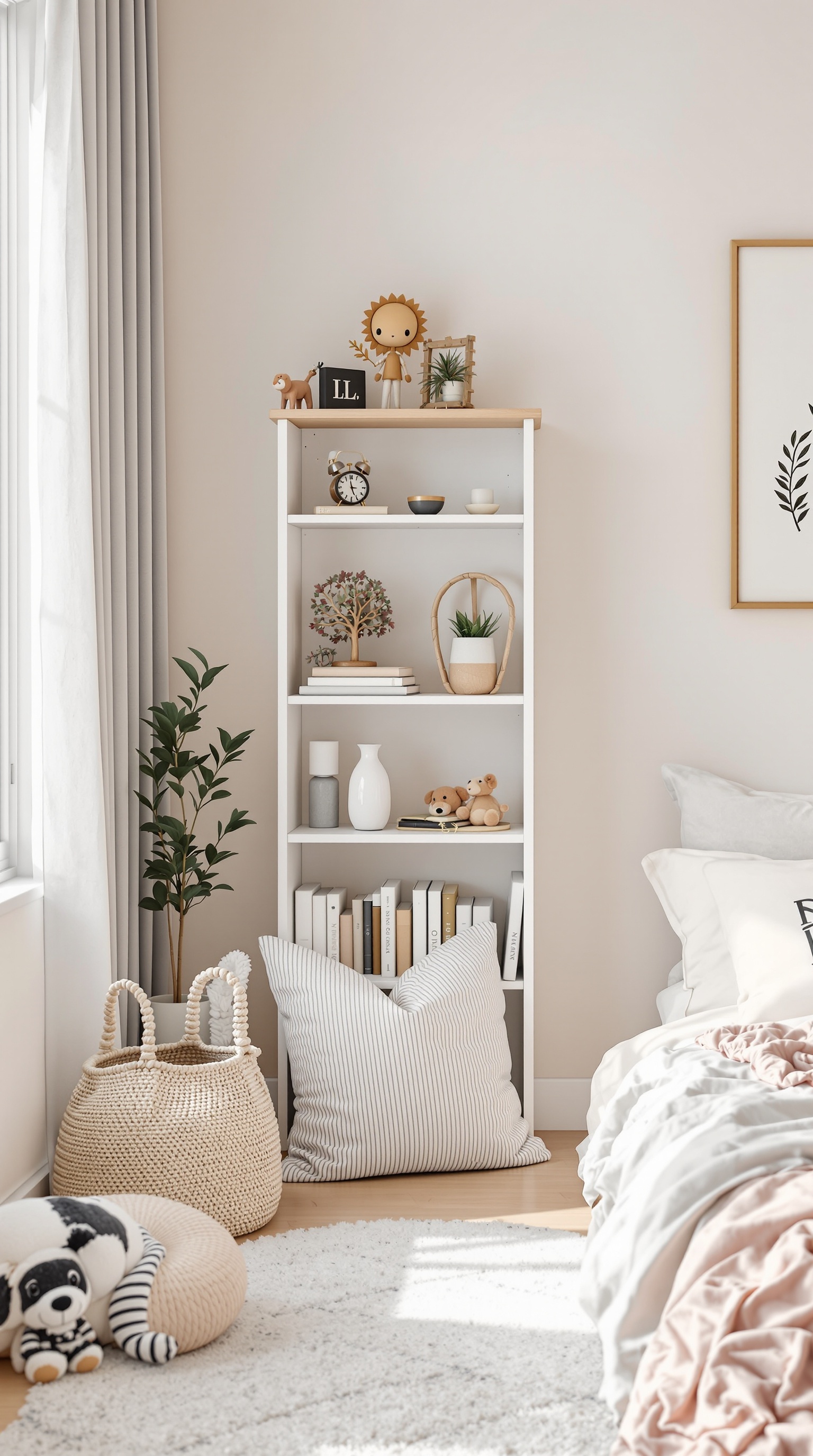 A cozy reading nook in a small shared kids' bedroom with a bookshelf, cushions, and soft lighting.