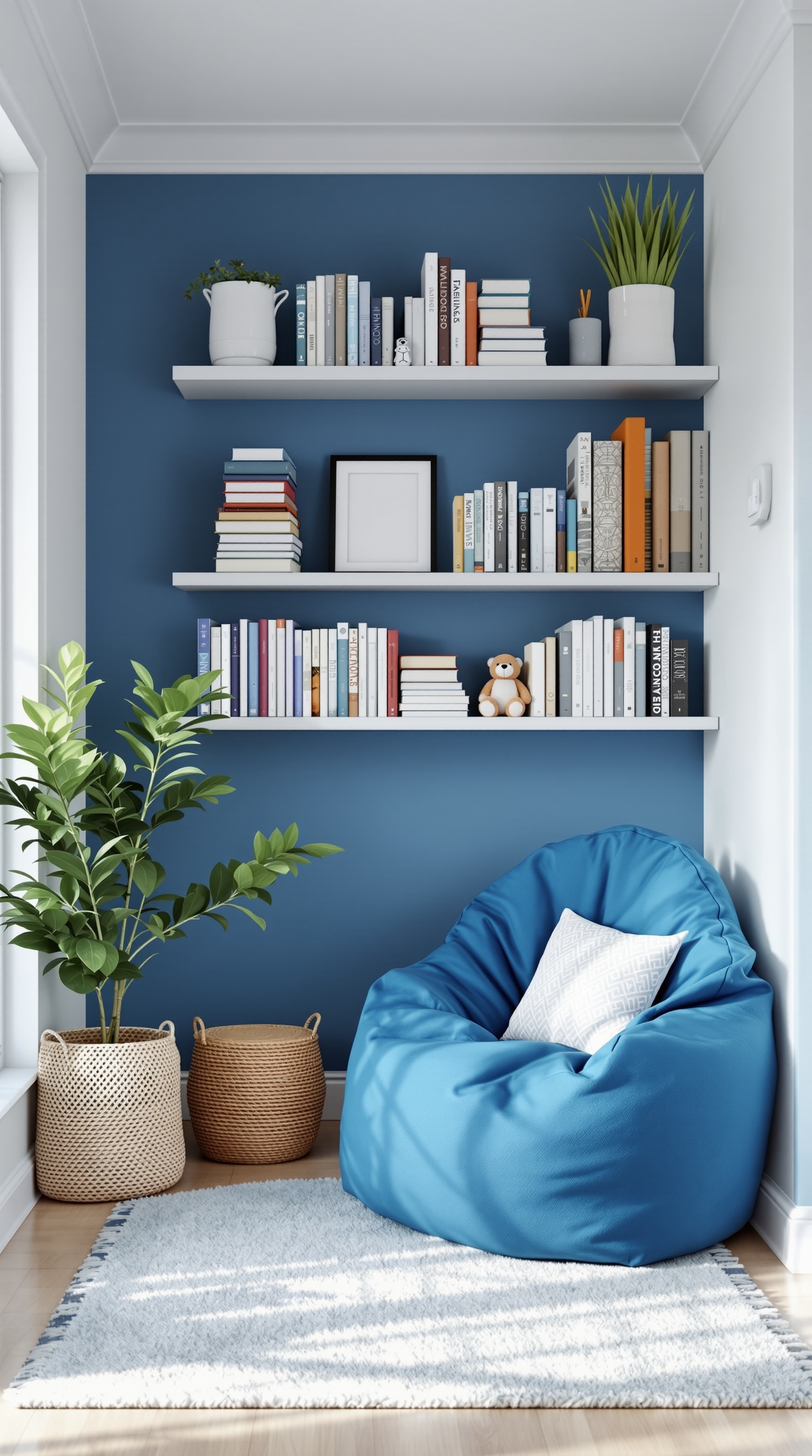 A cozy reading nook with a blue wall, a bean bag chair, bookshelves filled with books, and decorative plants.