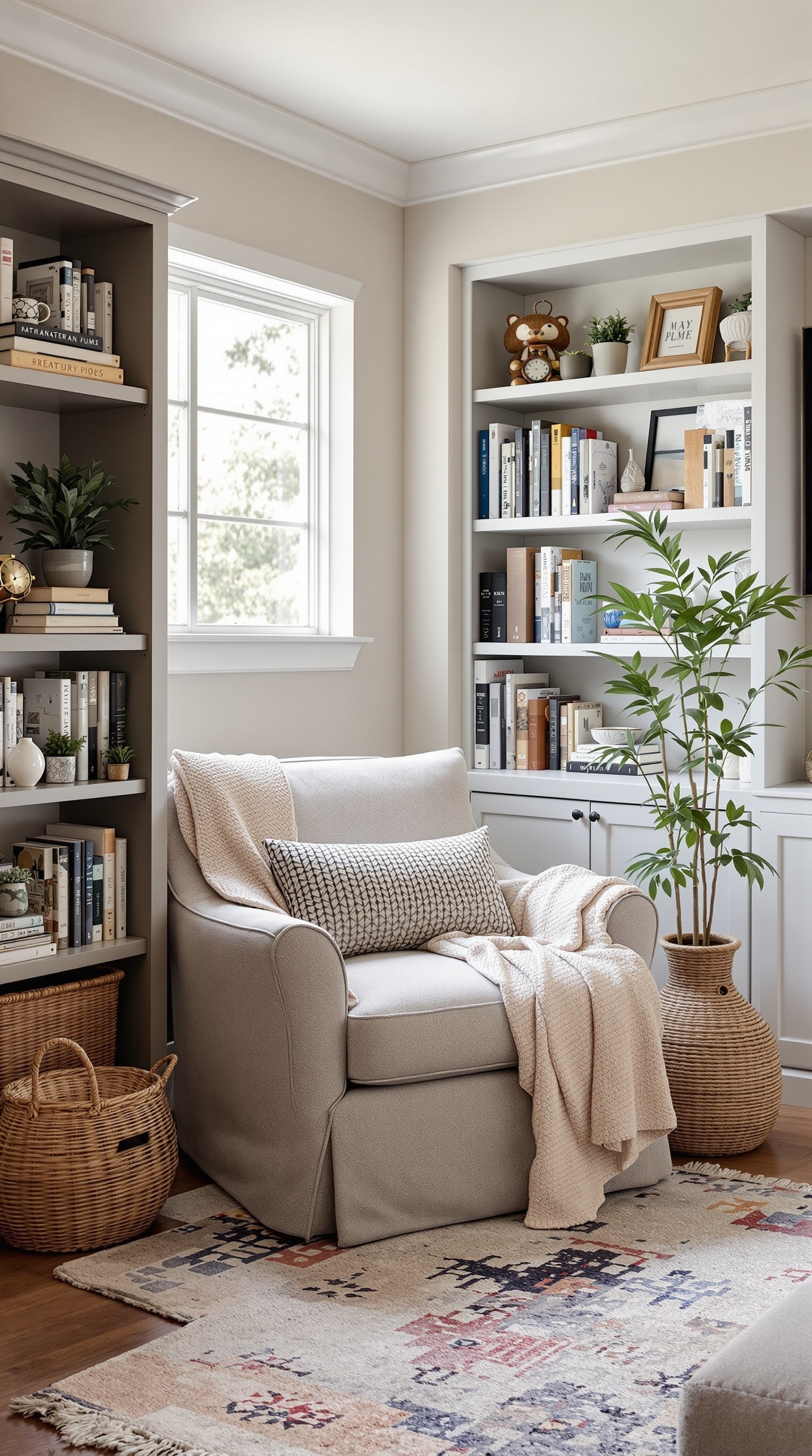 A cozy reading nook featuring a comfortable armchair, a bookshelf filled with books, and decorative plants.