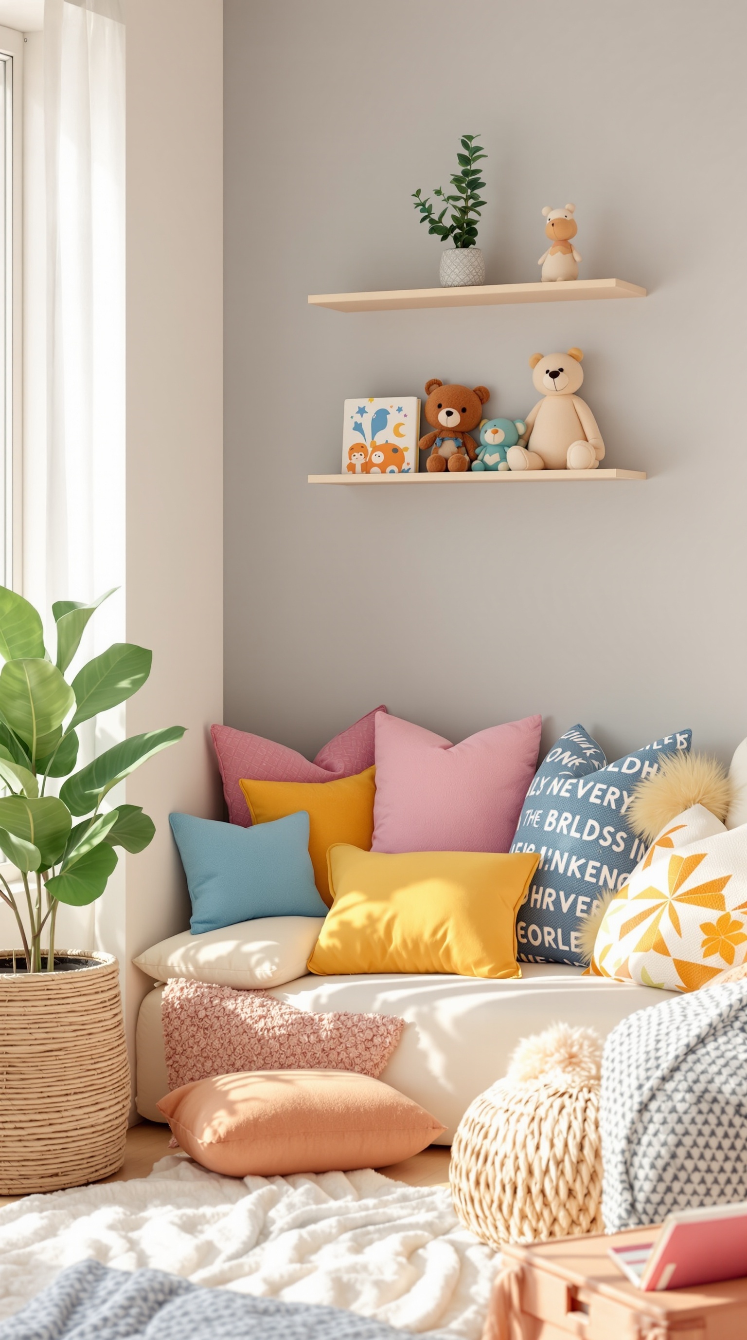 A cozy reading nook with colorful pillows, stuffed animals on shelves, and a soft blanket.