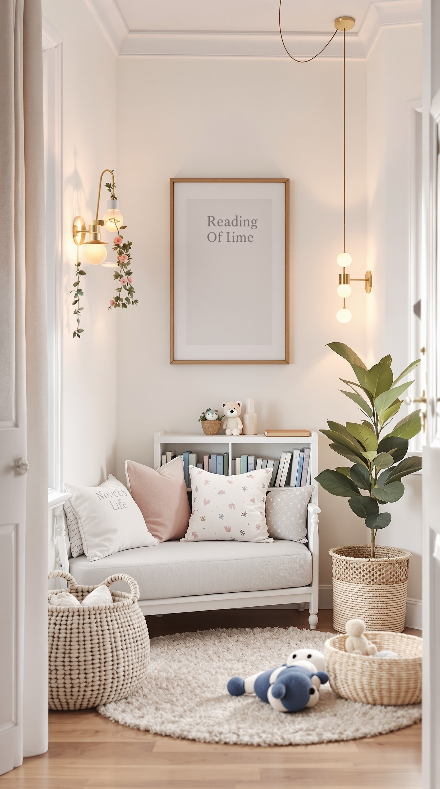 A cozy reading nook in a toddler room with a soft couch, colorful pillows, and a bookshelf filled with books.