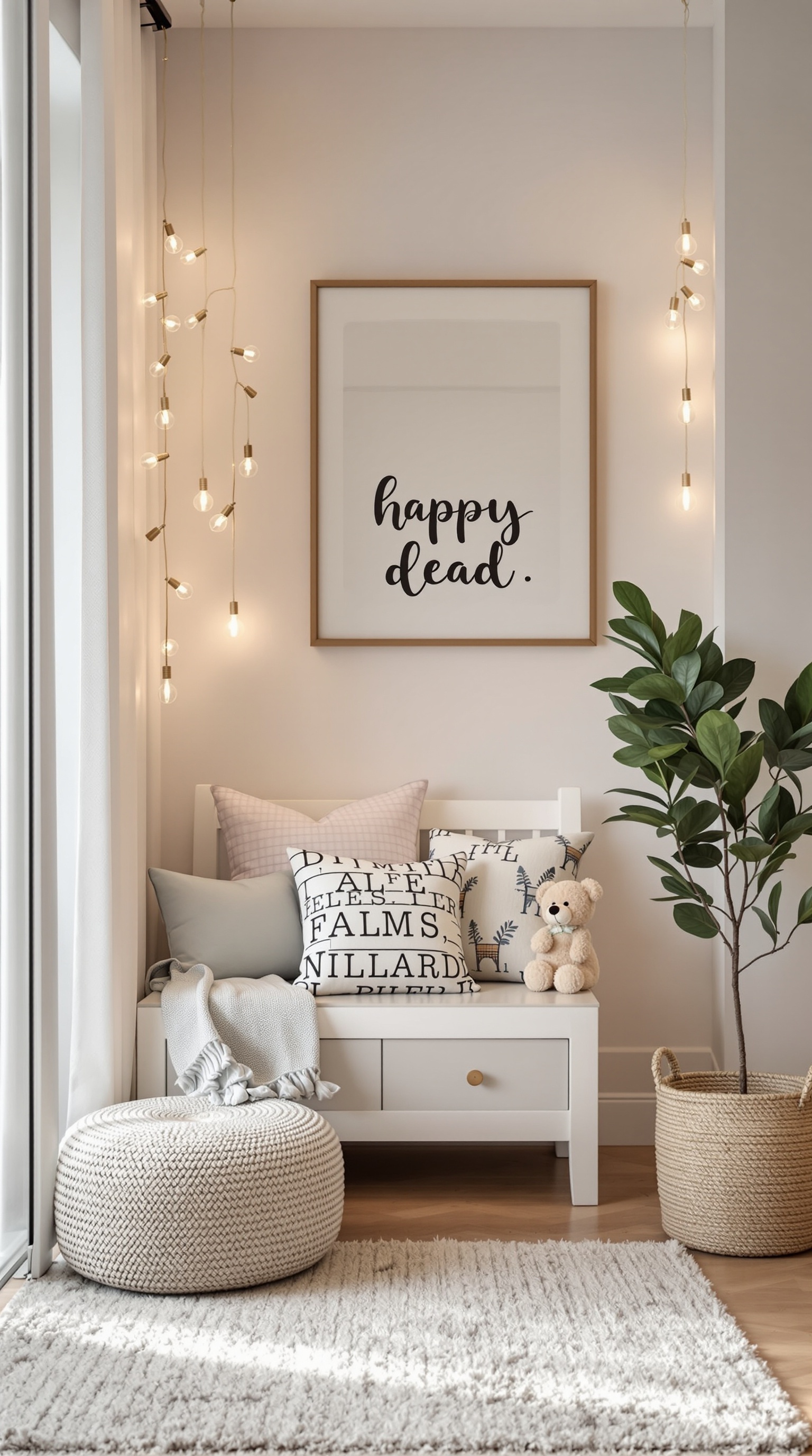 A cozy reading nook with a bench, pillows, a teddy bear, and soft lighting.