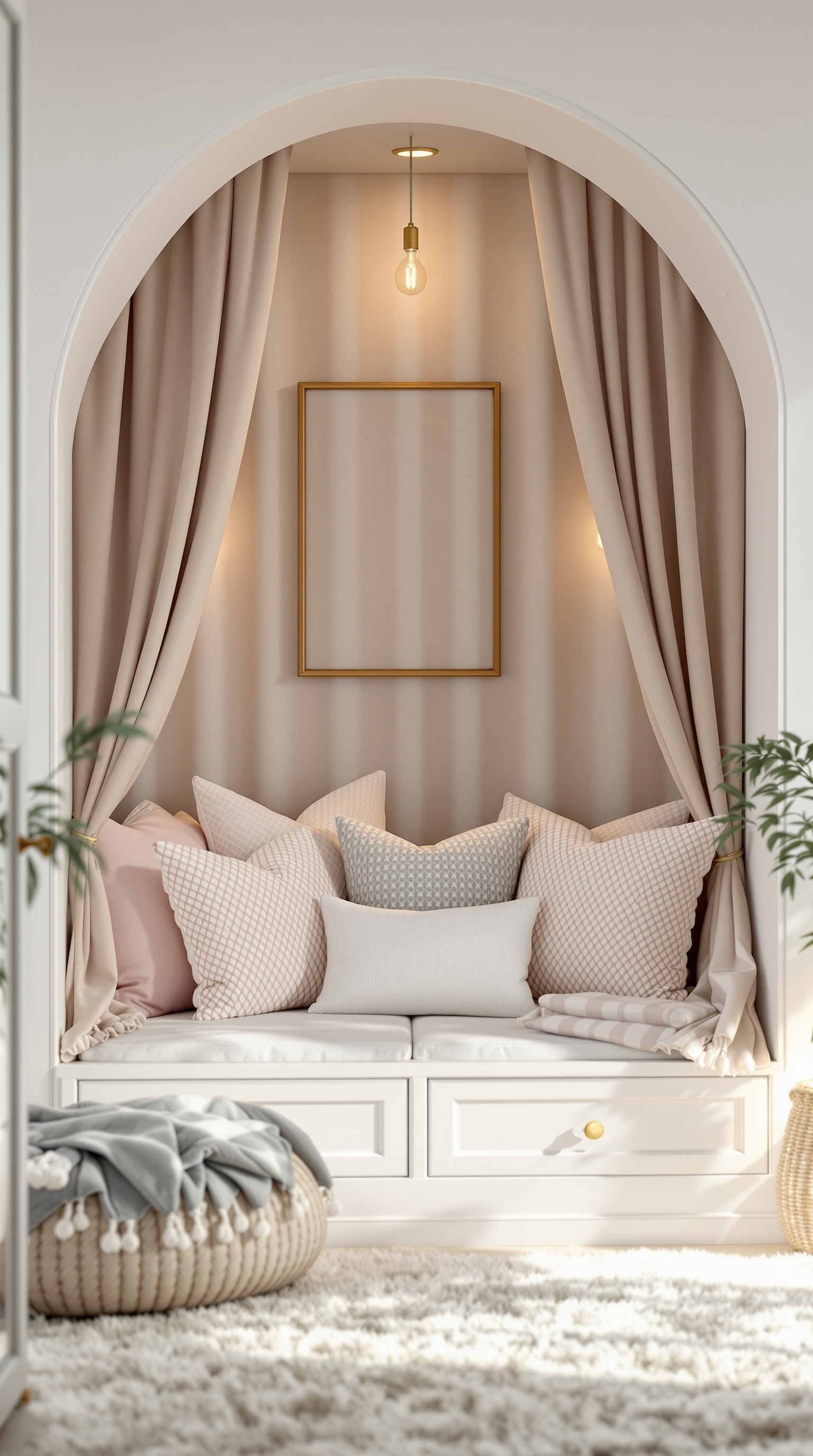 A cozy reading nook with a cushioned bench, pillows, and soft lighting.