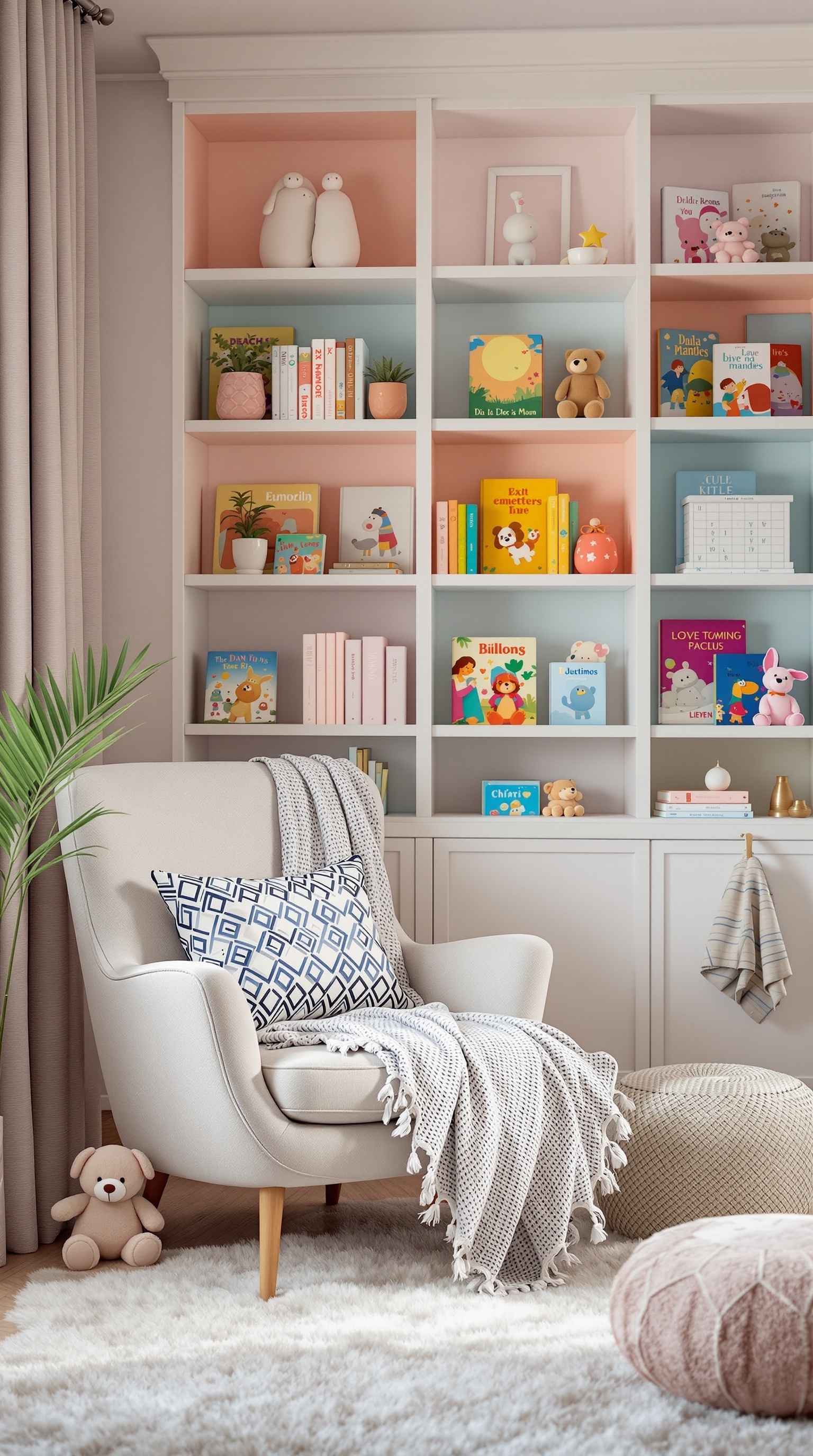 Cozy reading nook in a nursery with a plush chair, colorful bookshelf, and soft rug.