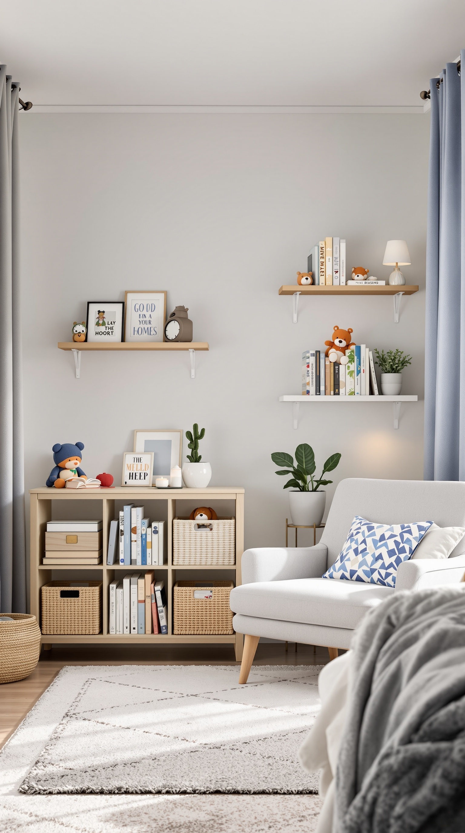 Cozy reading nook in a baby boy's bedroom with a gray wall, plush armchair, bookshelves, and soft rug.