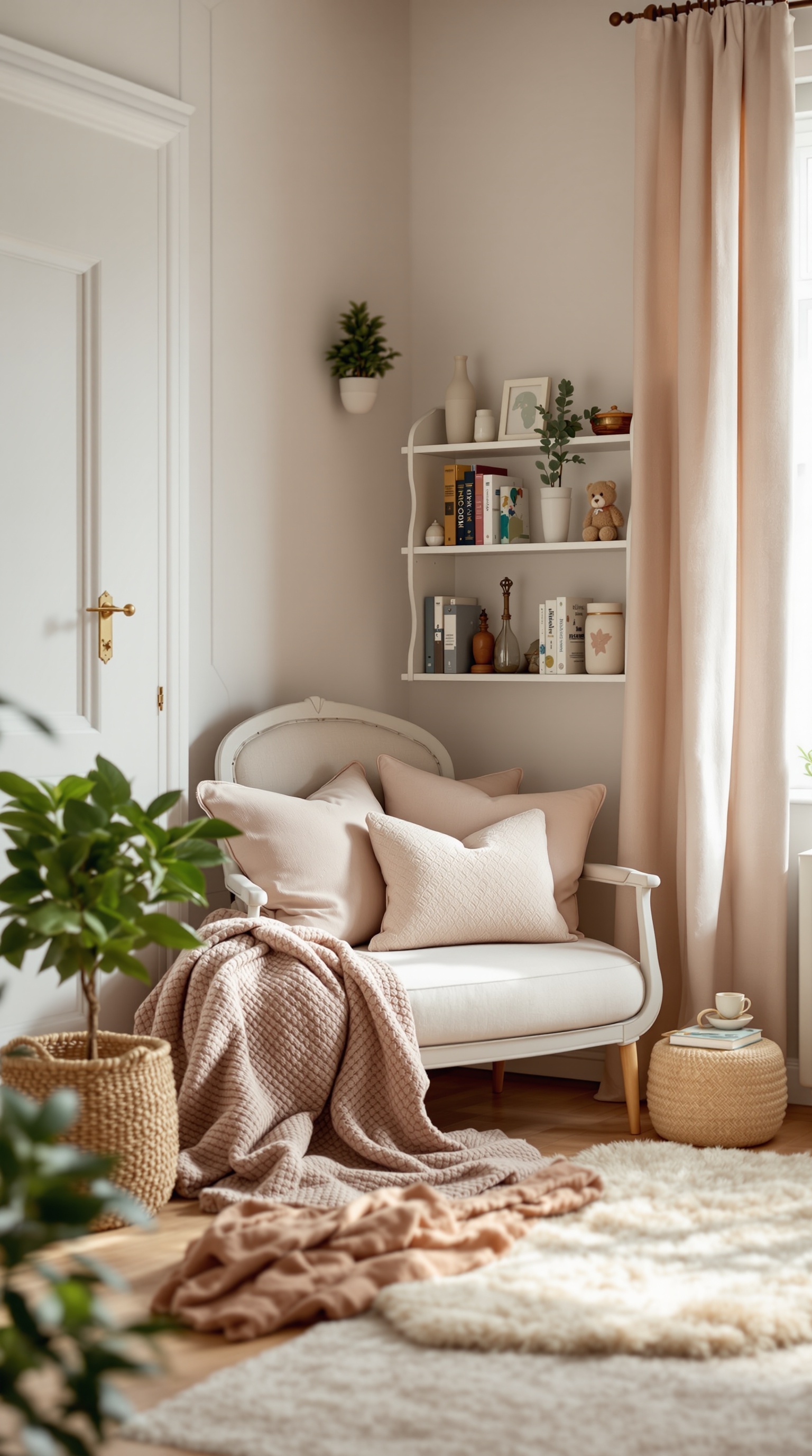 A cozy reading nook featuring a light-colored armchair with pillows, a warm blanket, a bookshelf filled with books, and a teddy bear.