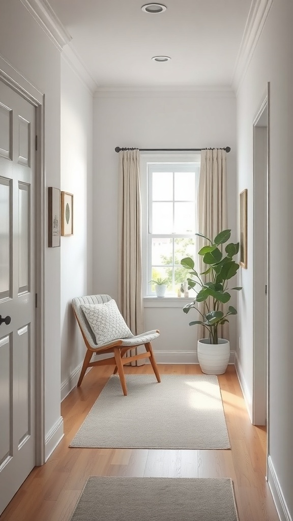 A cozy reading nook in a small entryway featuring a comfortable chair, a plant, and soft rugs.