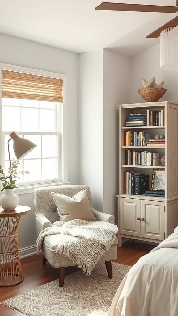 Cozy reading nook in a modern farmhouse bedroom with a chair, blanket, lamp, and bookshelf.