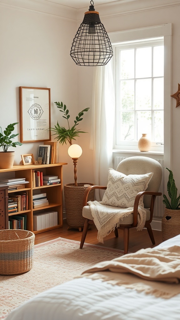 A cozy reading nook in a boho farmhouse bedroom featuring a comfortable chair, plants, and a bookshelf.