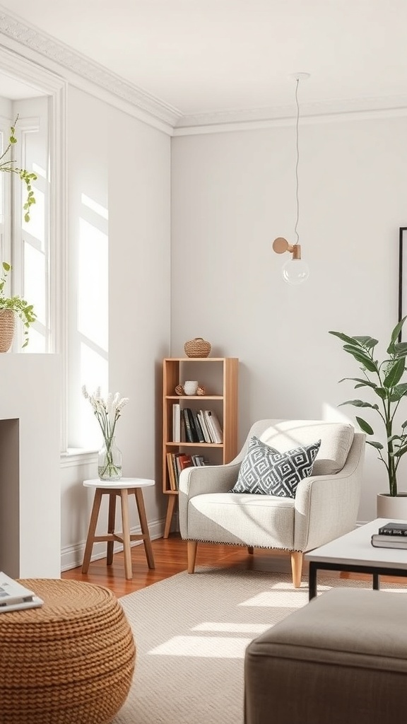 A cozy reading nook with a soft armchair, side table, and bookshelf in a neutral living room.