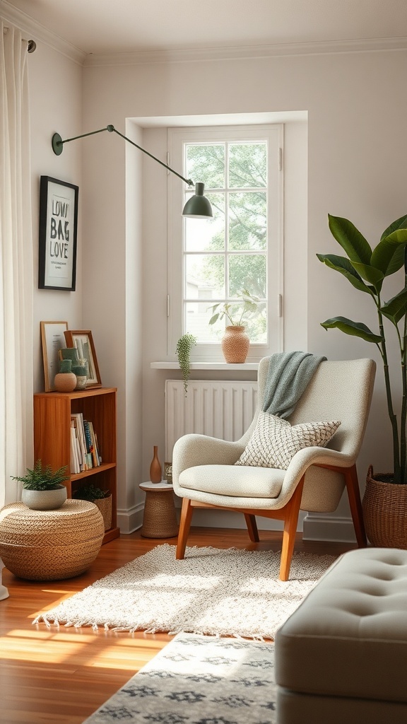 A cozy reading nook featuring a comfortable chair, a lamp, plants, and a small bookshelf.