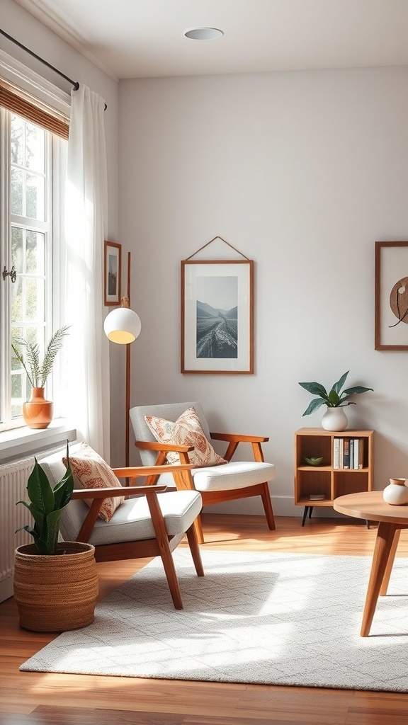 Cozy reading nook with mid-century modern chairs, a side table, and natural decor