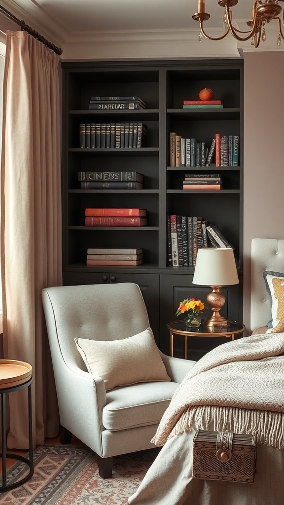 Cozy reading nook with an armchair, bookshelf, and side table in a dark romantic bedroom