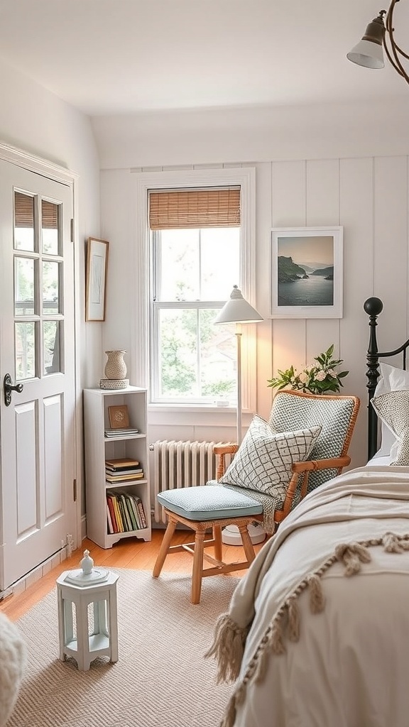 A cozy reading nook in a cottage bedroom featuring a comfortable chair, a small bookshelf, and a lamp.