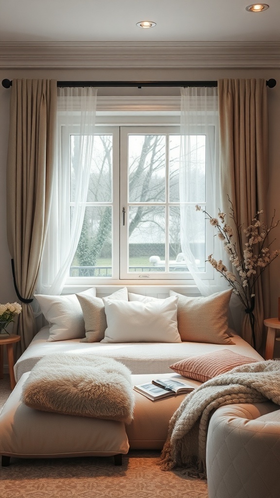 A cozy reading nook with soft pillows, a fluffy throw, and a window with sheer curtains.