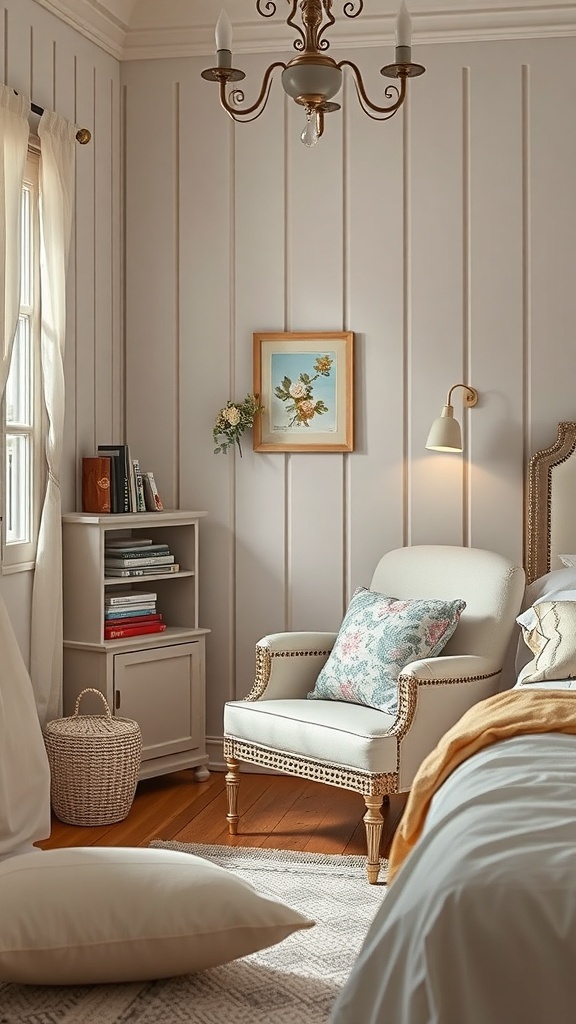 Cozy reading nook with an armchair, bookshelf, and soft lighting