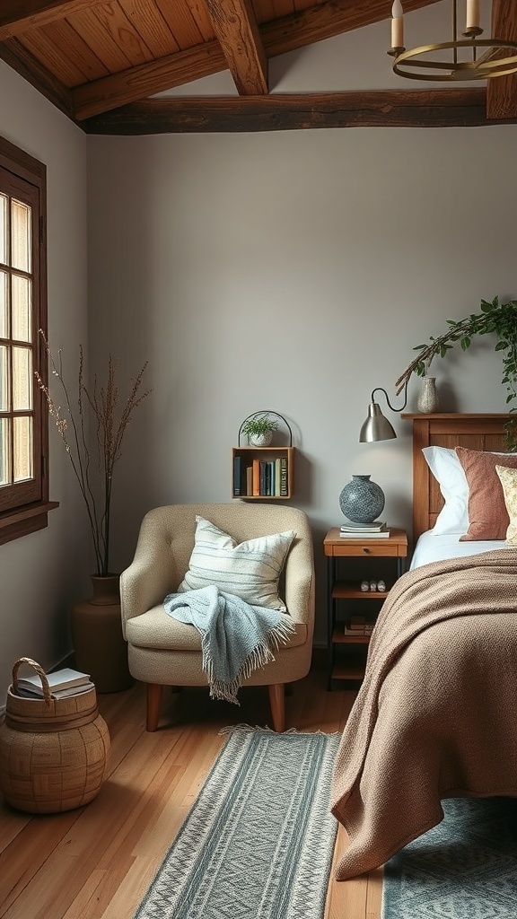 Cozy reading nook with an armchair, side table, and warm decor