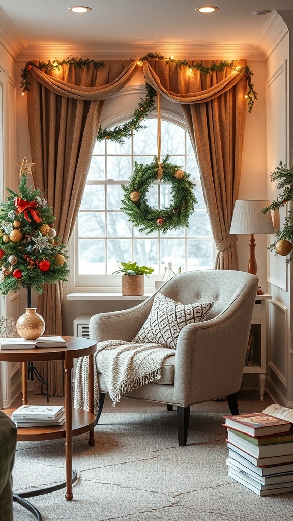 A cozy reading nook decorated for Christmas with a plush chair, throw blanket, and festive decorations.