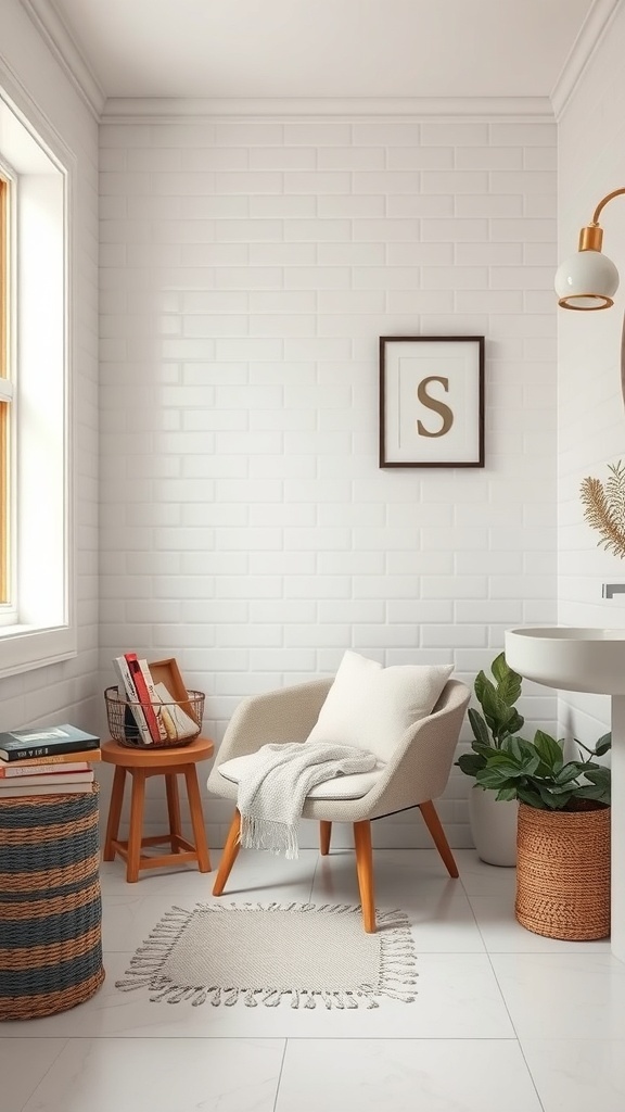 A cozy reading nook in a bathroom featuring a soft chair, a stack of books, and decorative plants.