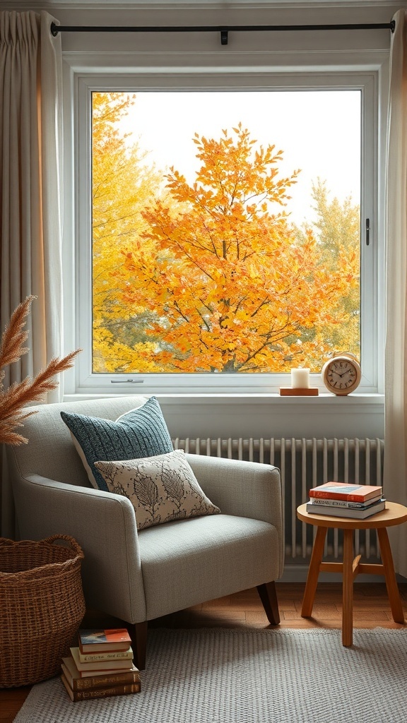 A cozy reading nook with a chair, books, and a view of autumn leaves through the window.