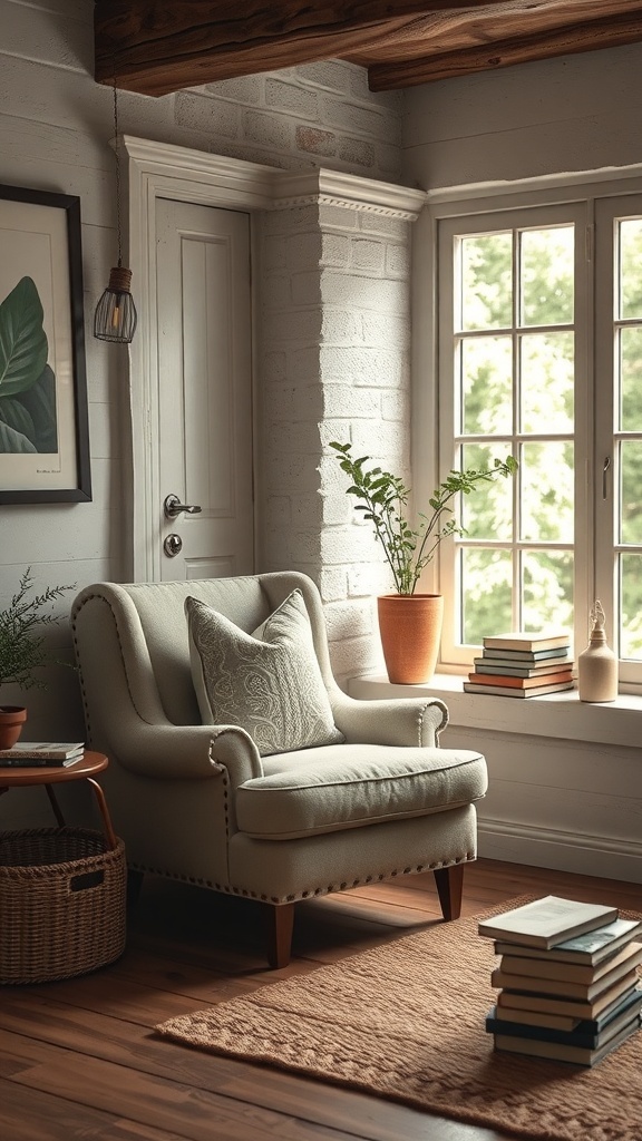 A cozy reading nook featuring a light-colored armchair, a window with natural light, and stacks of books.