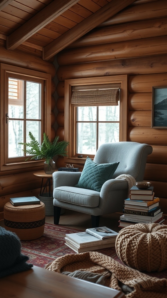 A cozy reading nook in a cabin featuring a comfortable armchair, books, and warm decor.