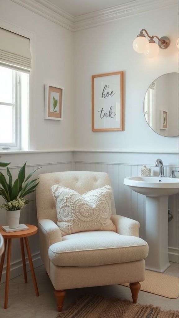 A cozy reading nook in a bathroom featuring a plush armchair, decorative pillow, a side table with a plant, and framed art on the wall.