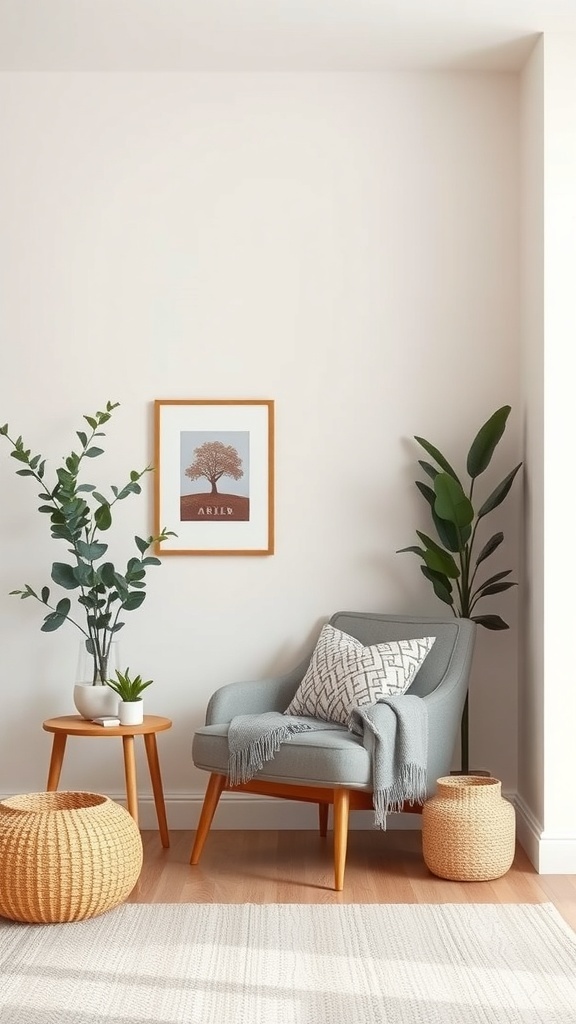 A cozy reading nook featuring a gray chair with a blanket, a small wooden table with a plant, and woven baskets.