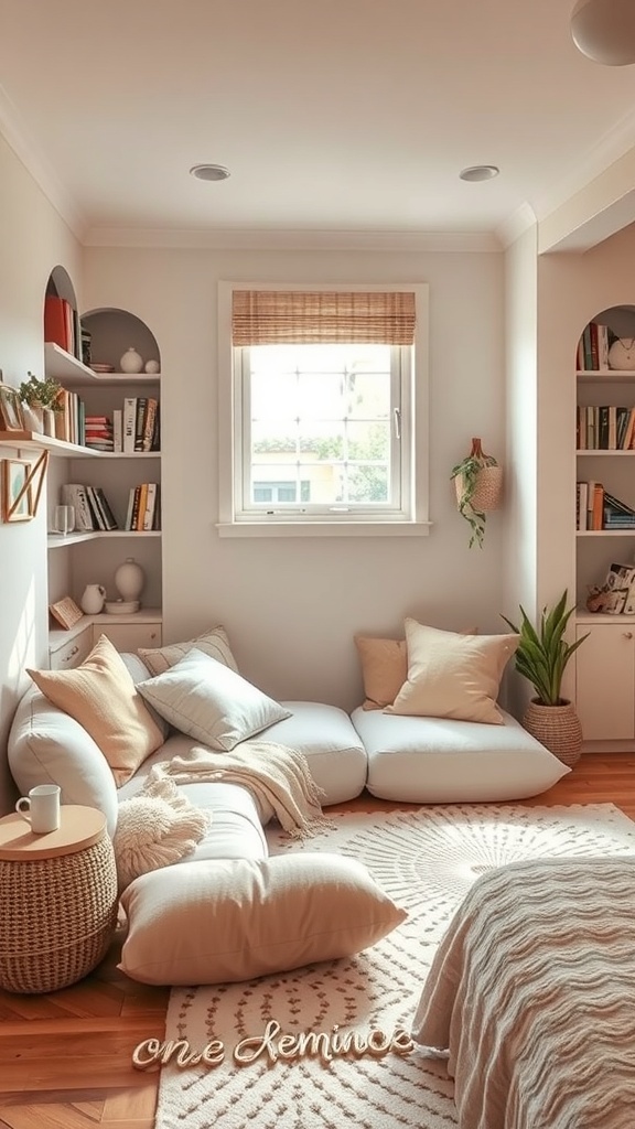 Cozy reading nook in a small kids bedroom with soft seating, bookshelves, and natural light.