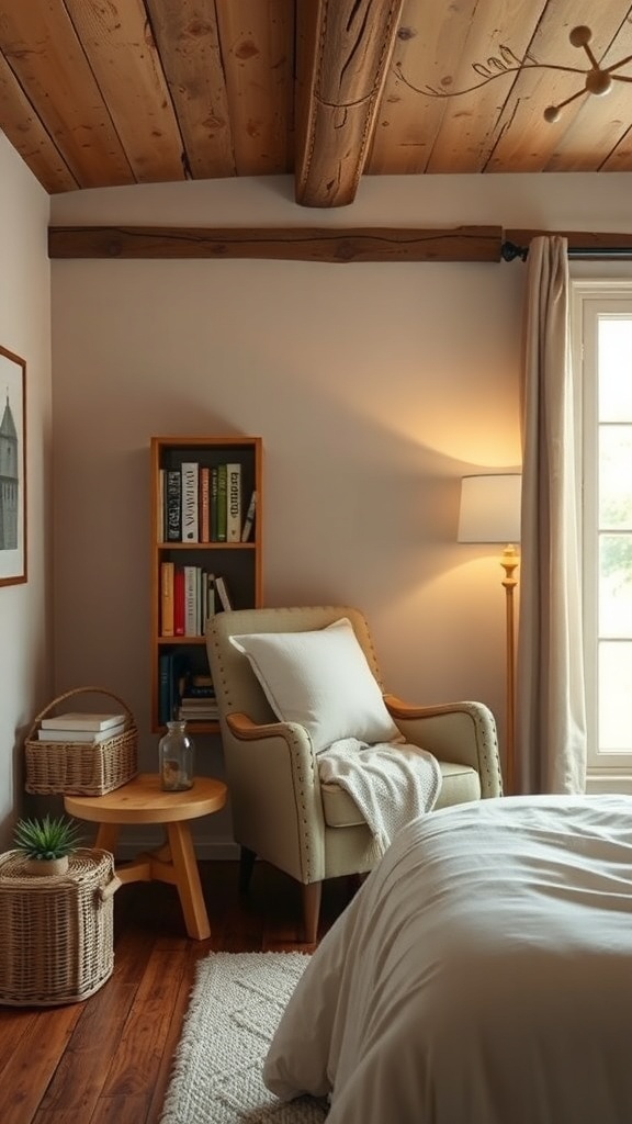 A cozy reading nook in a rustic farmhouse bedroom featuring a comfortable armchair, a side table, a bookshelf, and warm lighting.