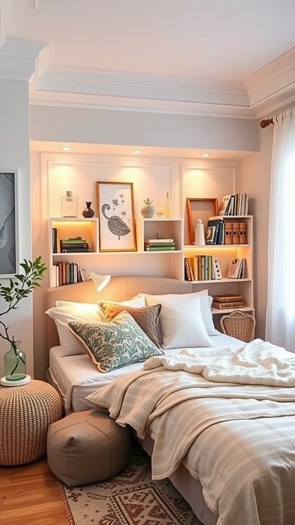 A cozy reading nook with a bed, bookshelves, and soft lighting.