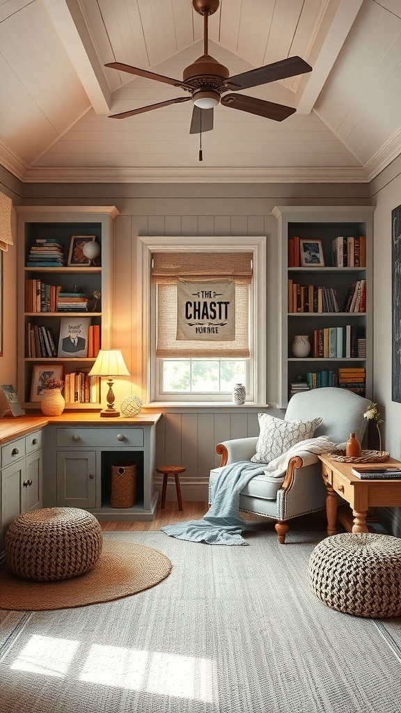 A cozy reading nook featuring a comfortable armchair, bookshelves filled with books, and warm lighting.