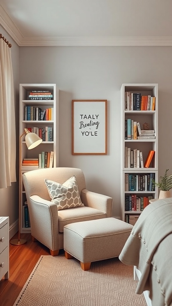 Cozy reading nook with an armchair, ottoman, bookshelves, and wall art in a preppy teen bedroom.
