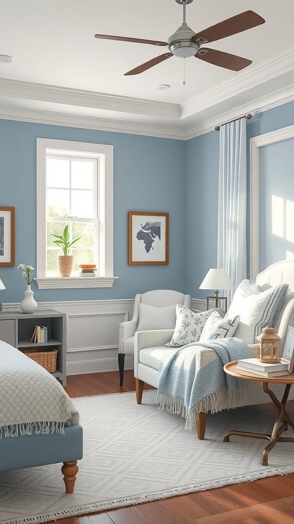 A cozy reading nook in a blue and white bedroom with an armchair, throw pillows, and a side table.