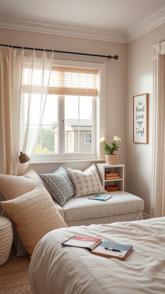 A cozy reading nook with a soft couch, pillows, and a small bookshelf by a window.