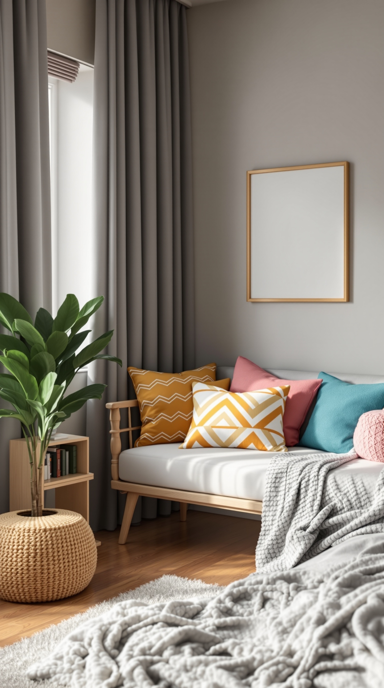 Cozy reading nook with colorful pillows and a small bookshelf in a toddler's bedroom.