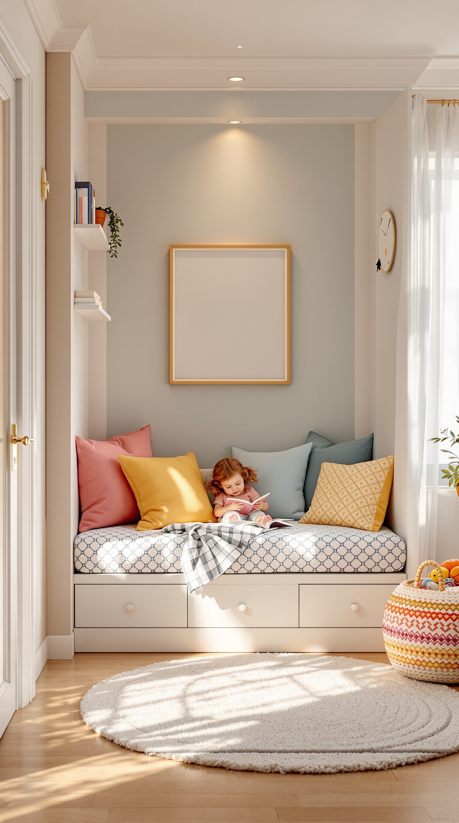Cozy reading nook with colorful cushions and a child reading a book