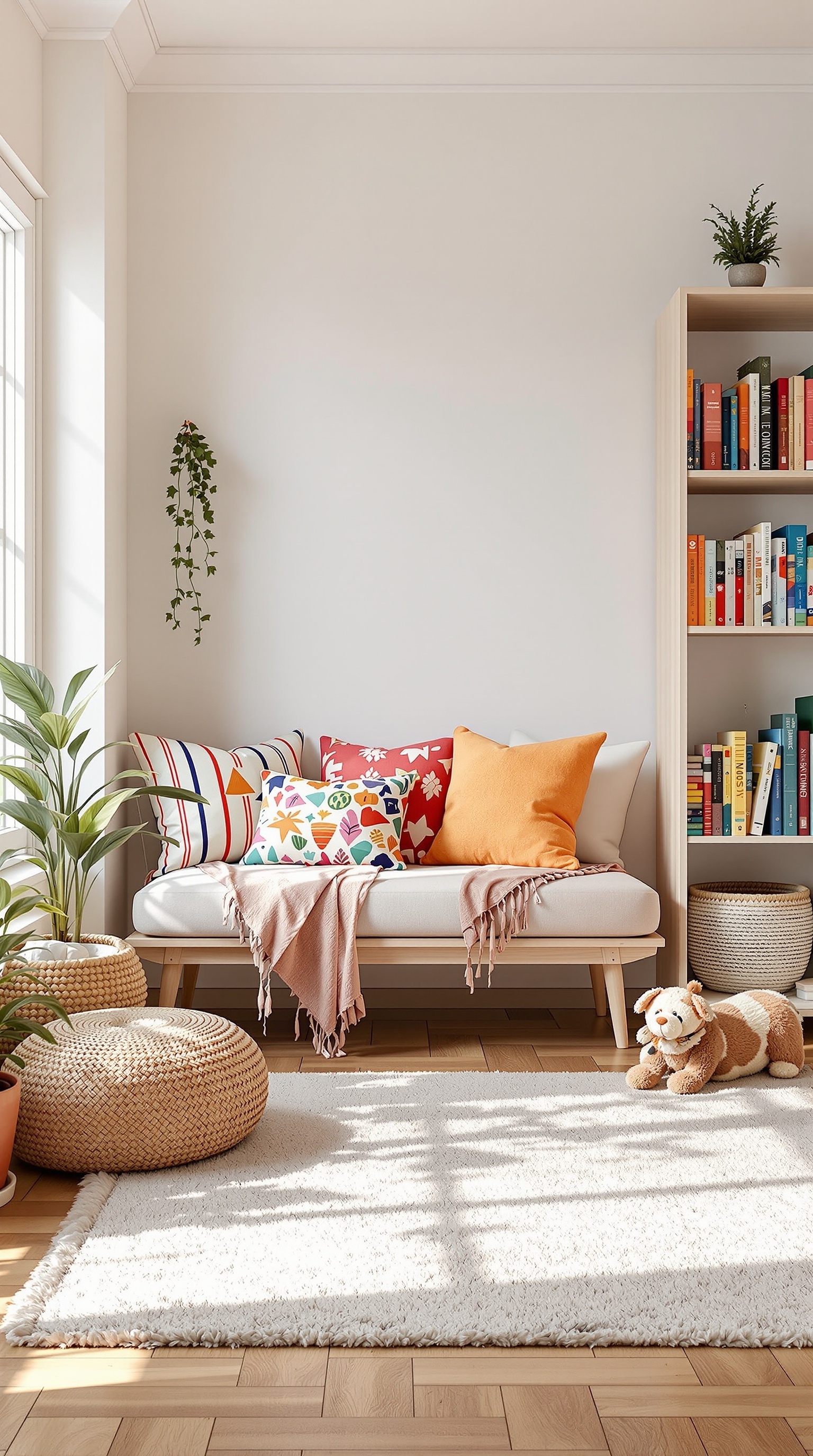 A cozy reading nook featuring a soft couch with colorful pillows, a plush throw blanket, a fluffy area rug, and a bookshelf filled with books.