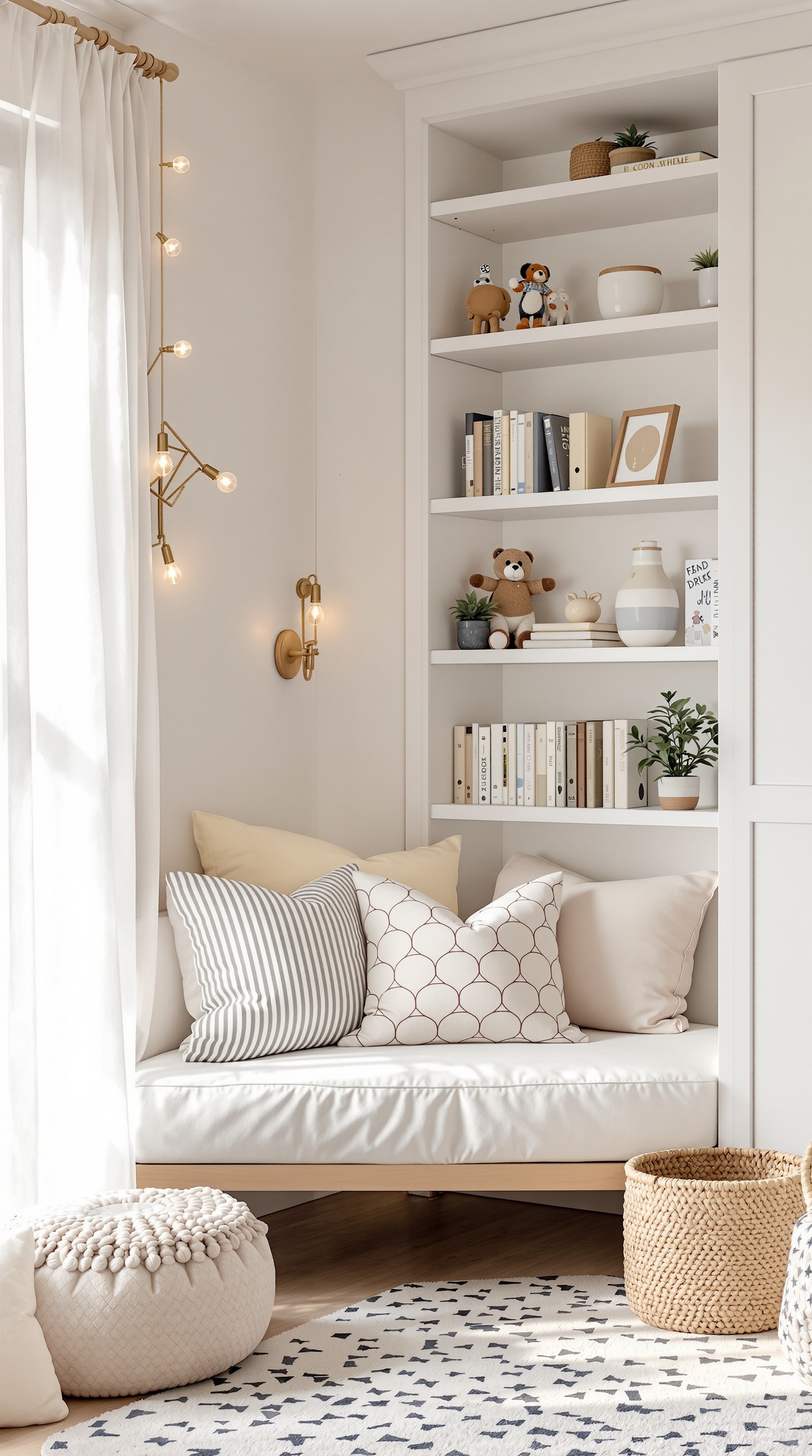 Cozy reading nook with cushions, a small bookshelf, and soft lighting