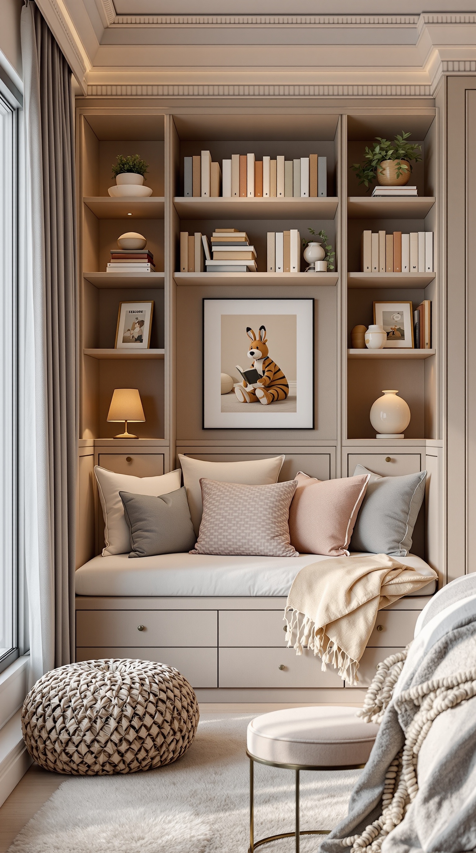 A cozy reading nook in a luxury kids bedroom with built-in shelves, cushions, and a lamp.
