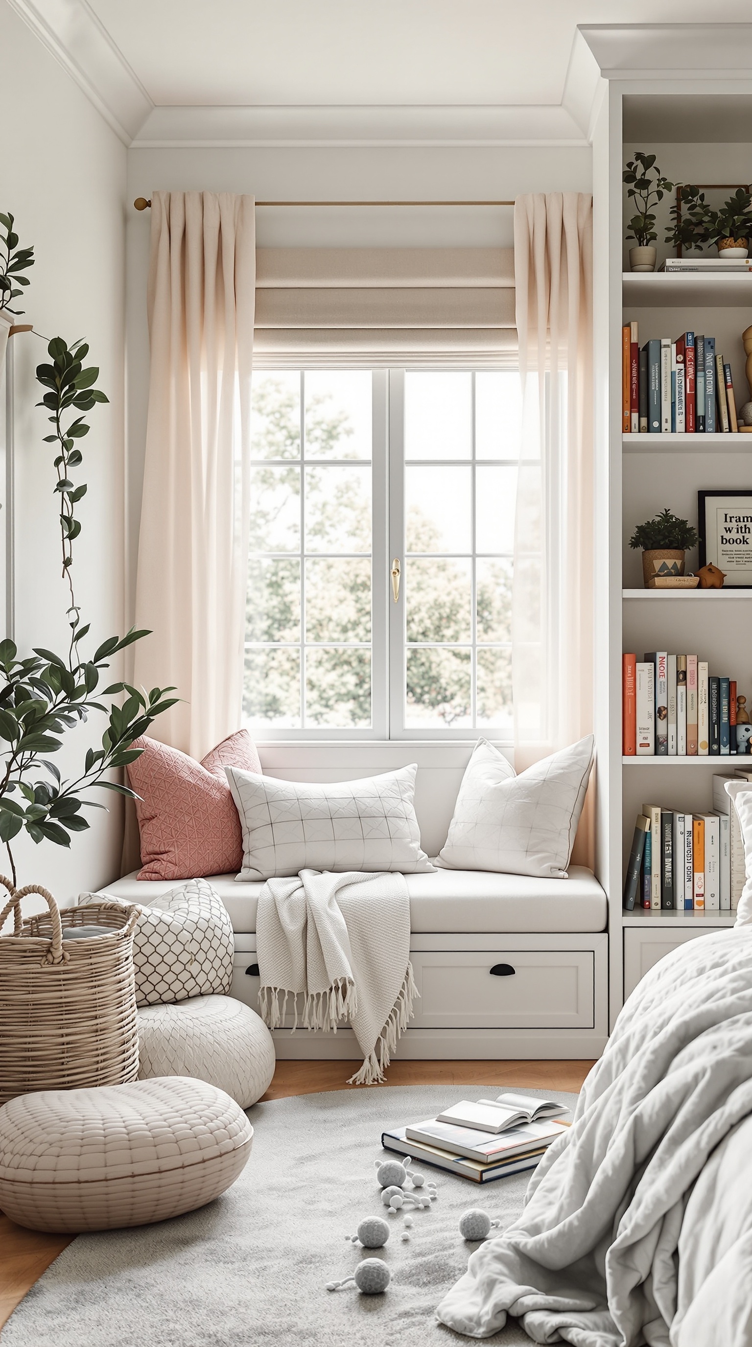 A cozy reading nook with a window seat, pillows, and bookshelves filled with books.