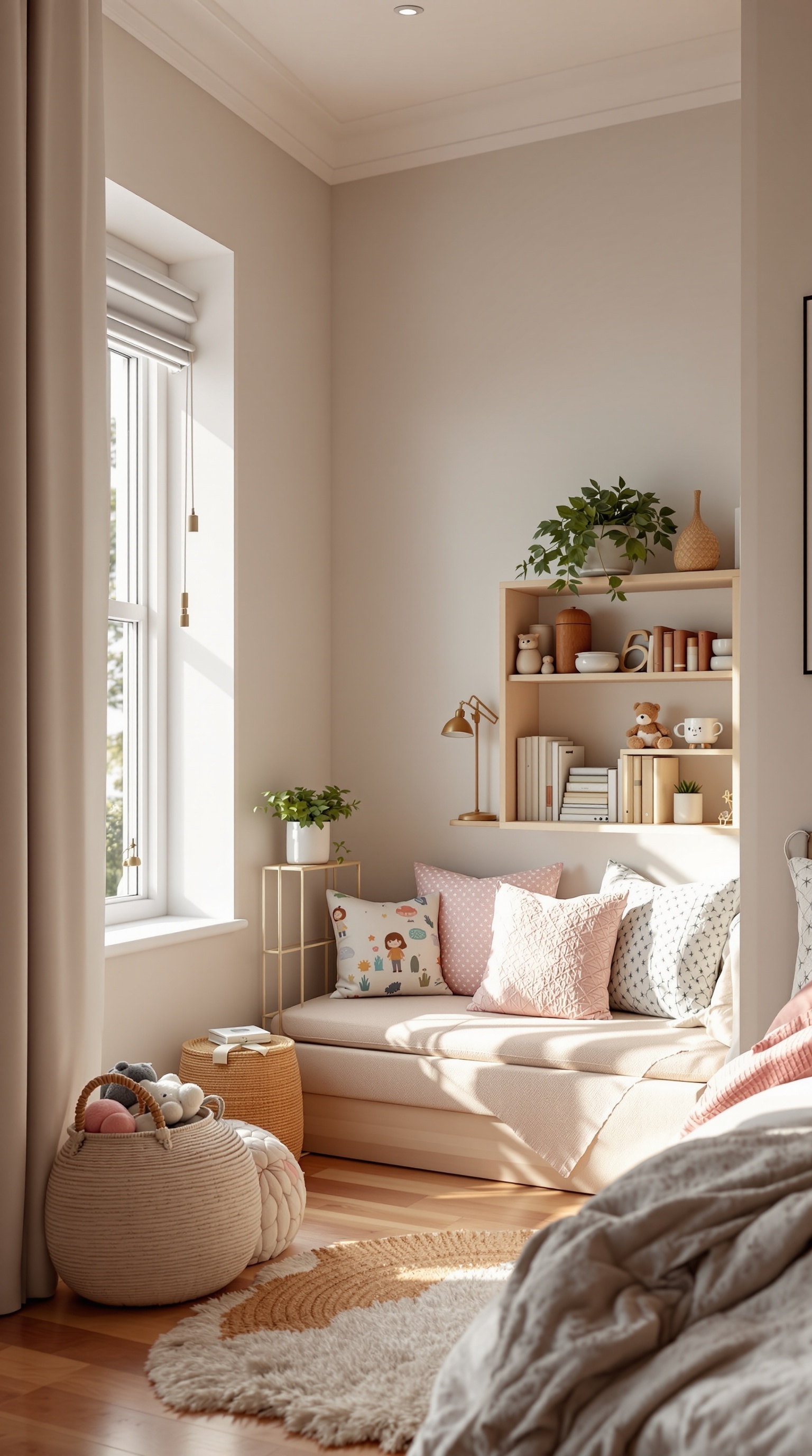 Cozy reading nook in a toddler's bedroom with soft cushions, a bookshelf, and natural light.