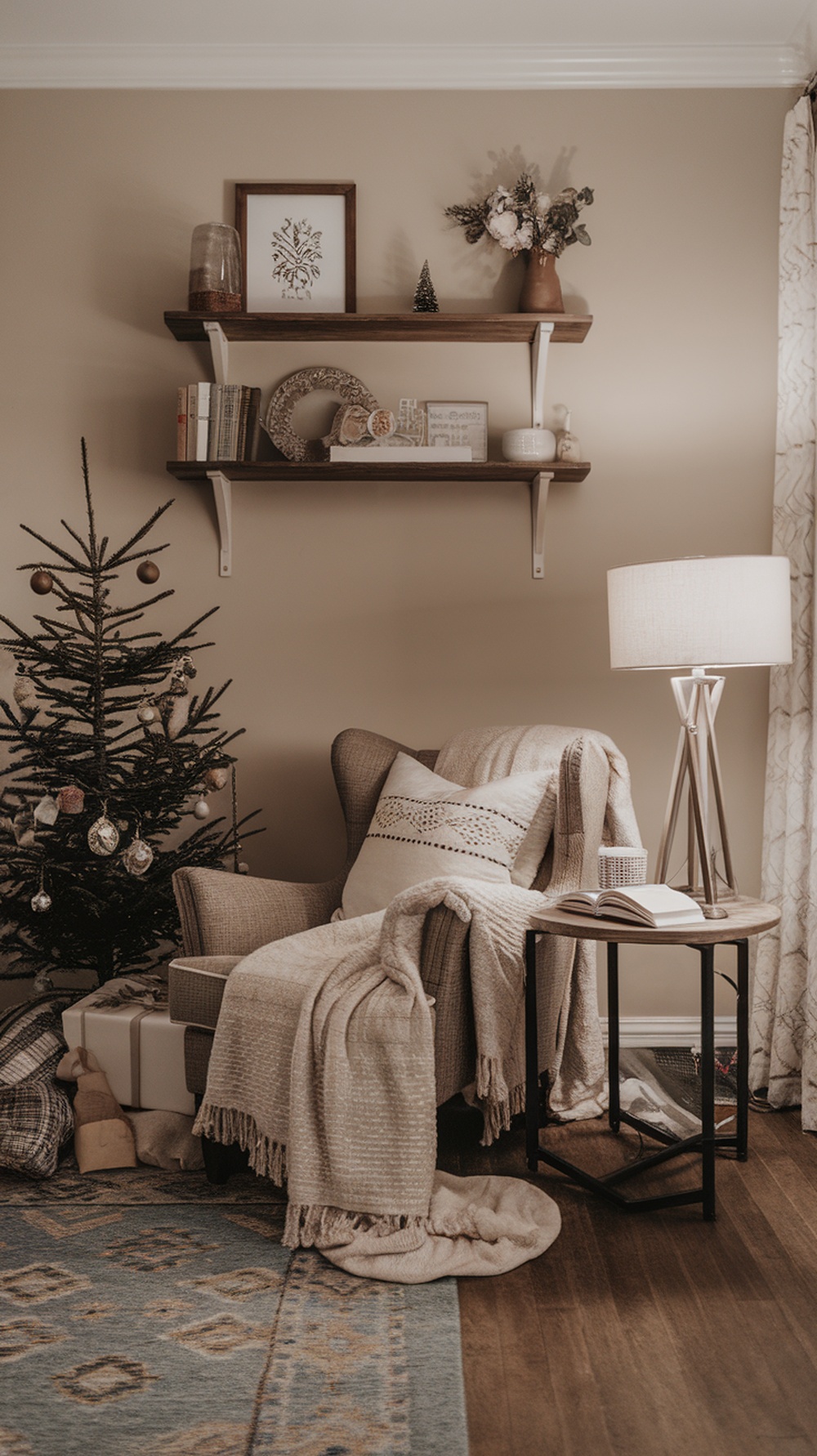 A cozy reading nook with an armchair, a throw blanket, a side table with a book and drink, and a decorated Christmas tree.
