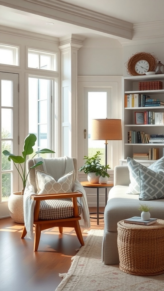 A cozy reading nook featuring a comfortable armchair, a side table with a lamp, and a bookshelf filled with books, surrounded by natural light from large windows.