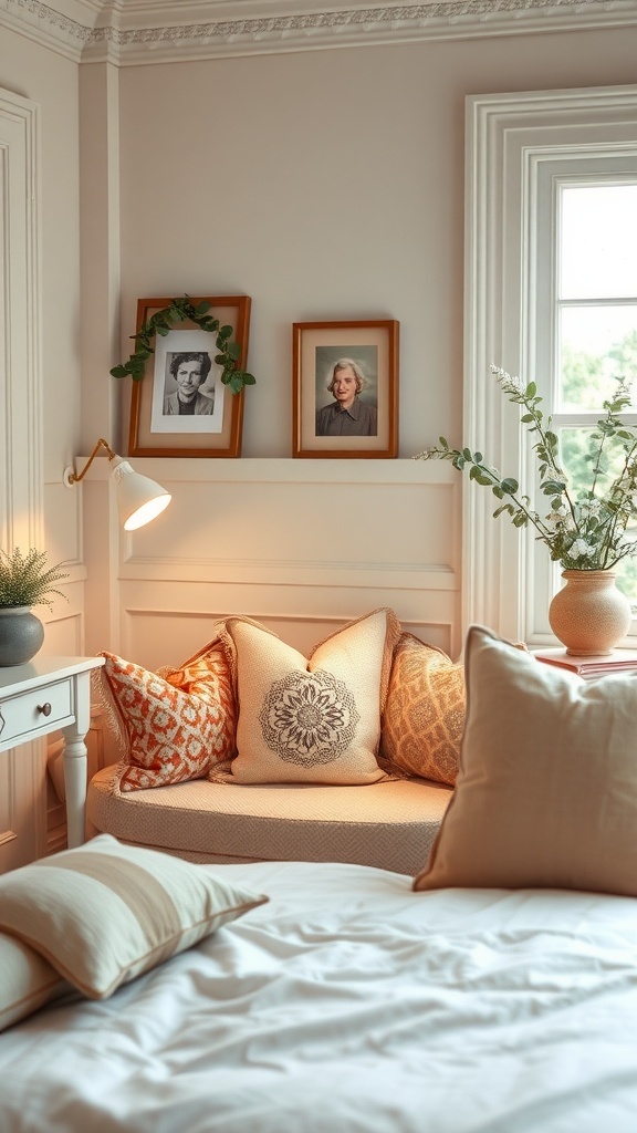 Cozy reading nook with cushions, lamp, and framed photos in a vintage bedroom