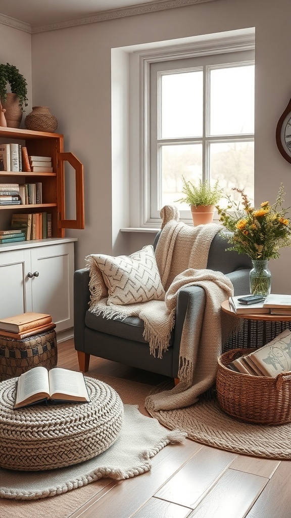 A cozy reading nook featuring a plush chair, soft throw blanket, and a side table with books, surrounded by natural light and greenery.