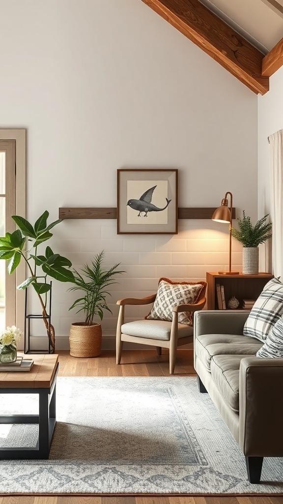 A cozy reading nook in a rustic farmhouse living room featuring a comfortable chair, a side table, a plant, and warm lighting.