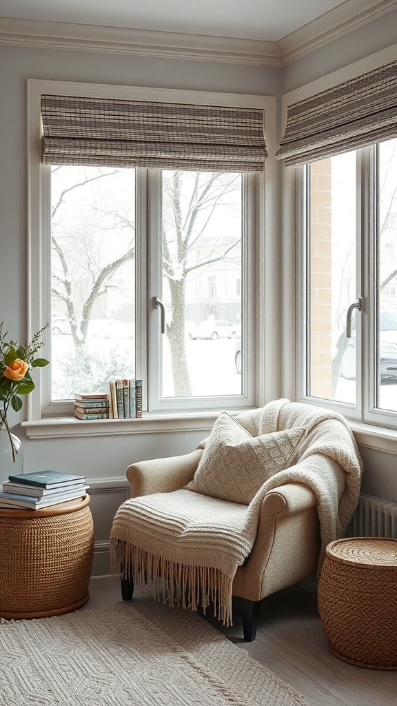 A cozy reading nook with a plush chair, warm blankets, and large windows showing a snowy view.
