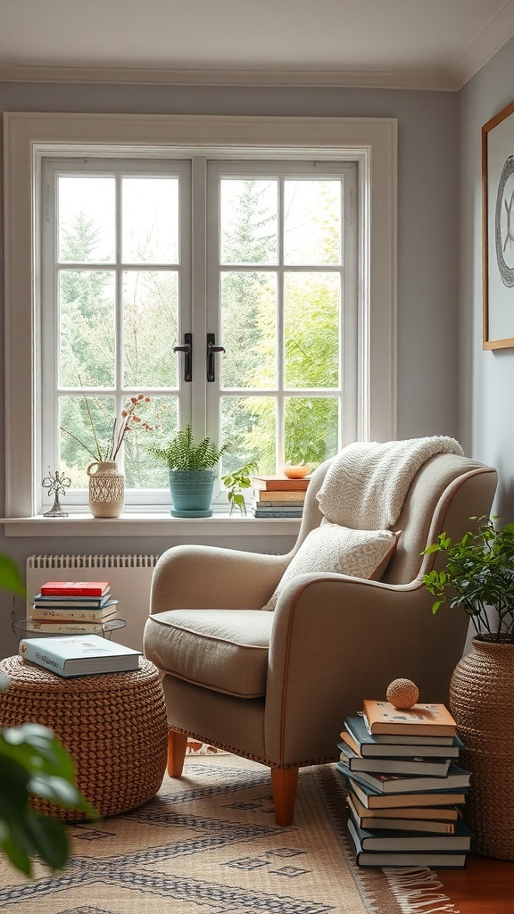 A cozy reading nook featuring a comfortable chair, large windows, potted plants, and stacks of books.