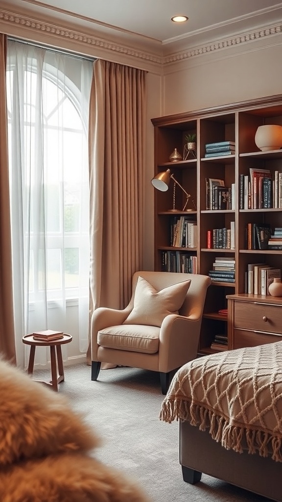 Cozy reading nook in a luxury teen bedroom with an armchair, bookshelf, and soft lighting.